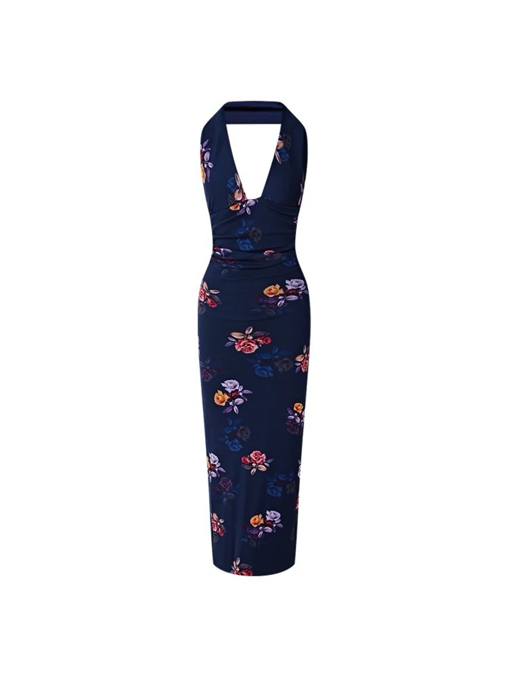 Halter Neck Floral Midi Dress in Navy